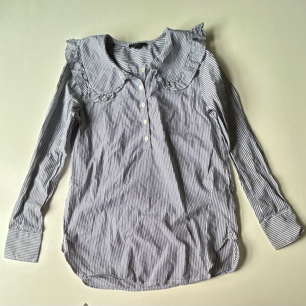 J Crew Oversized long fit Striped Ruffle-Collar Shirt